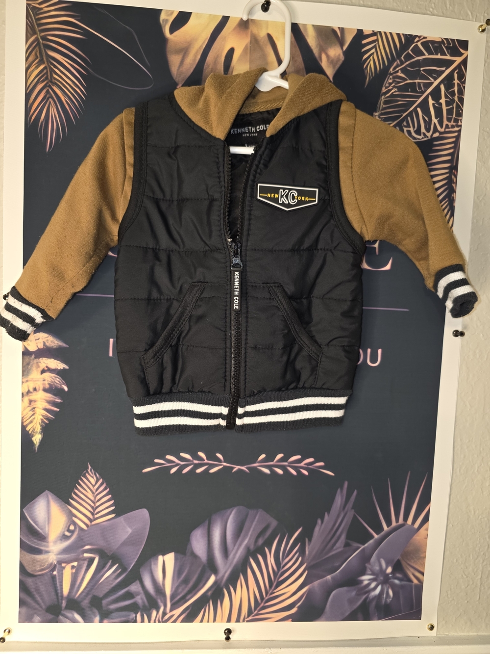 Kenneth Cole Kids Black Puffer Vest Hoodie with Camel Sleeves